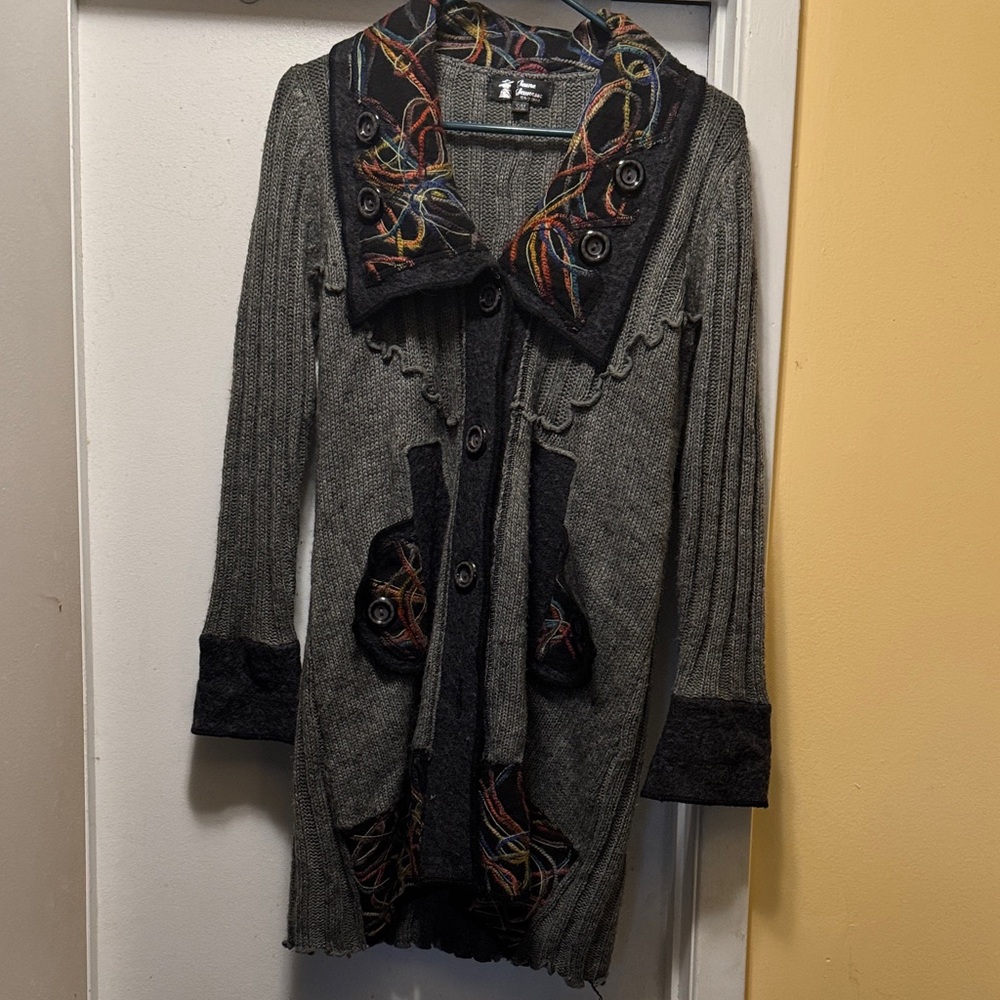 Elegant Gray Cardigan with Colorful Trim